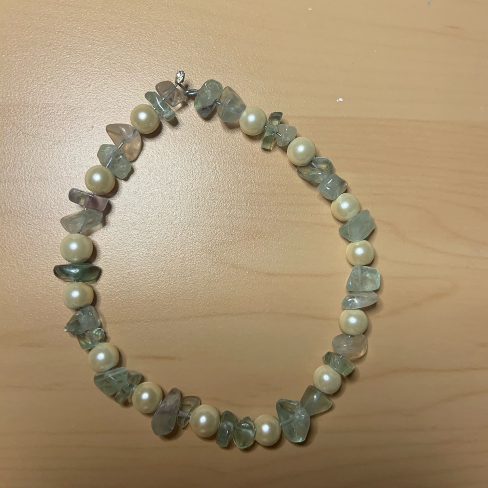Handmade sea glass and pearlescent bracelet.